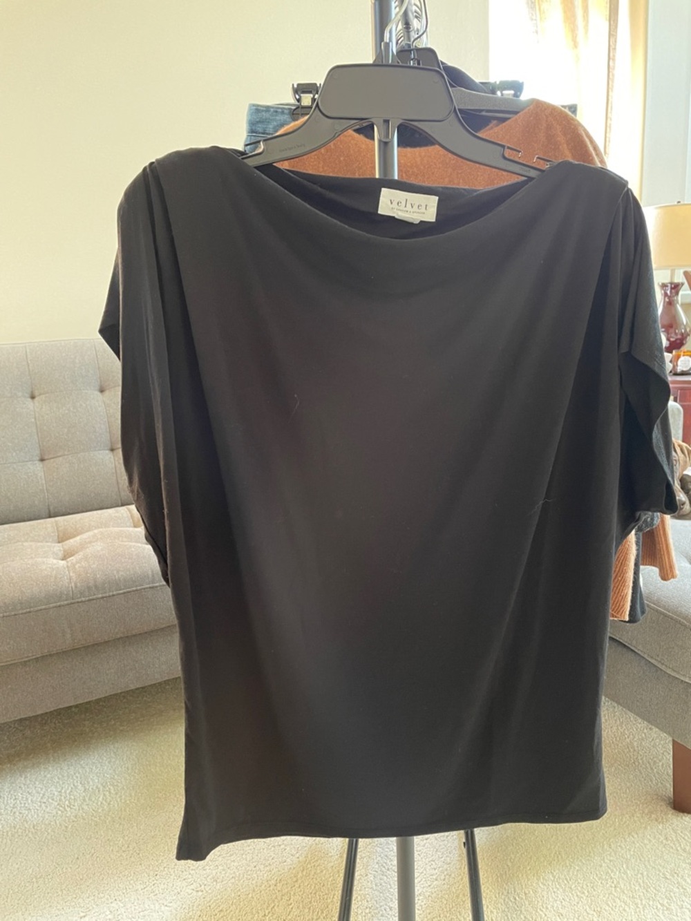 Velvet Black Short Sleeve Dressy Casual Stylish Draped Neck Tee L